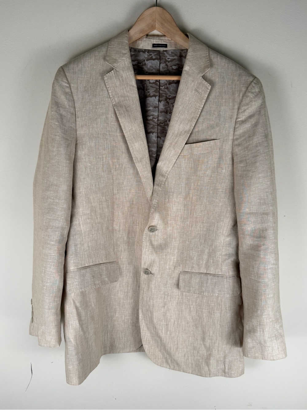 JOE Joseph Abboud 100% Linen Blazer Men's 40 Long  Beige Slim Fit Camo Lining